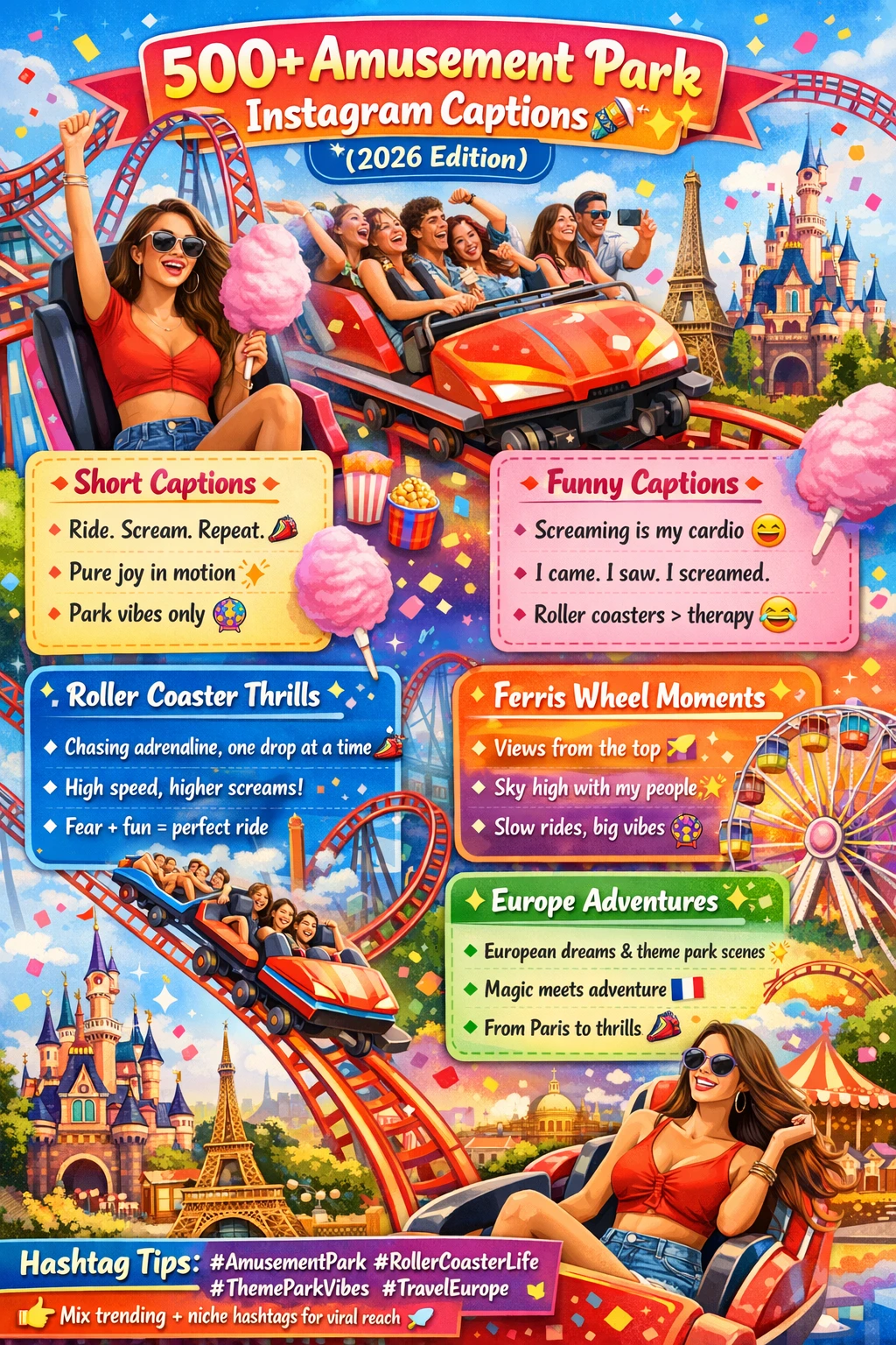 Infographic of 500+ amusement park captions Instagram ideas for 2026, featuring rides, friends, cotton candy, and European theme park highlights.