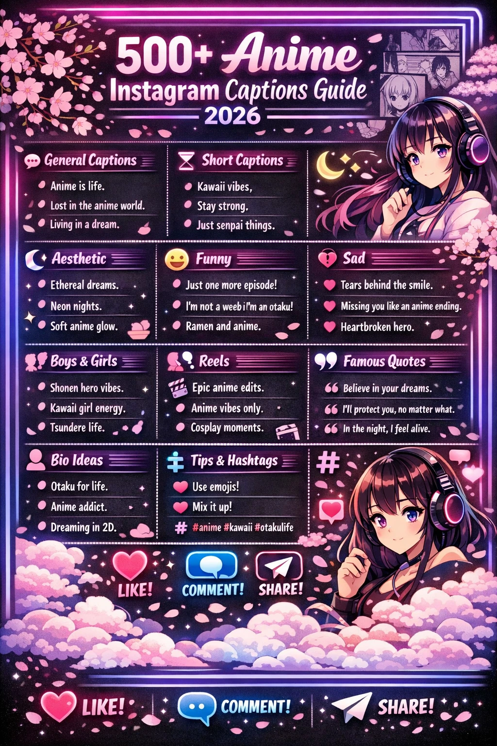 Infographic showing a colorful 2026 guide for 500+ anime Instagram captions, including categories like funny, aesthetic, sad, reels, bios, and hashtags, with neon anime-themed visuals.