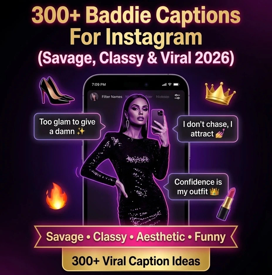Baddie captions for Instagram infographic featuring 300+ savage, classy, aesthetic, and viral caption ideas for selfies and stylish posts in 2026.
