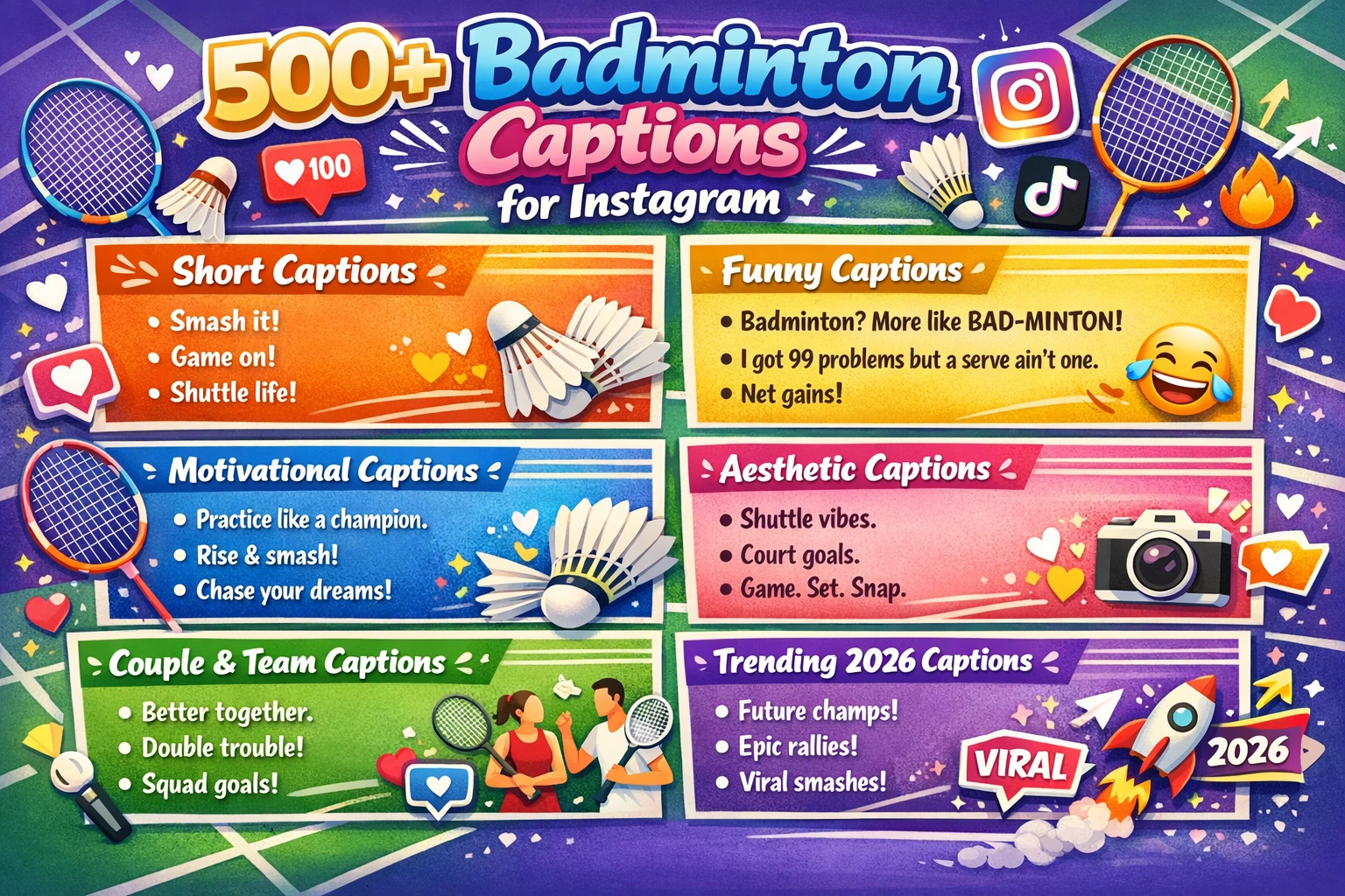 “Infographic showing 500+ badminton captions for Instagram, including funny, short, motivational, aesthetic, couple, team, and trending 2026 captions, with colorful badminton-themed visuals.”