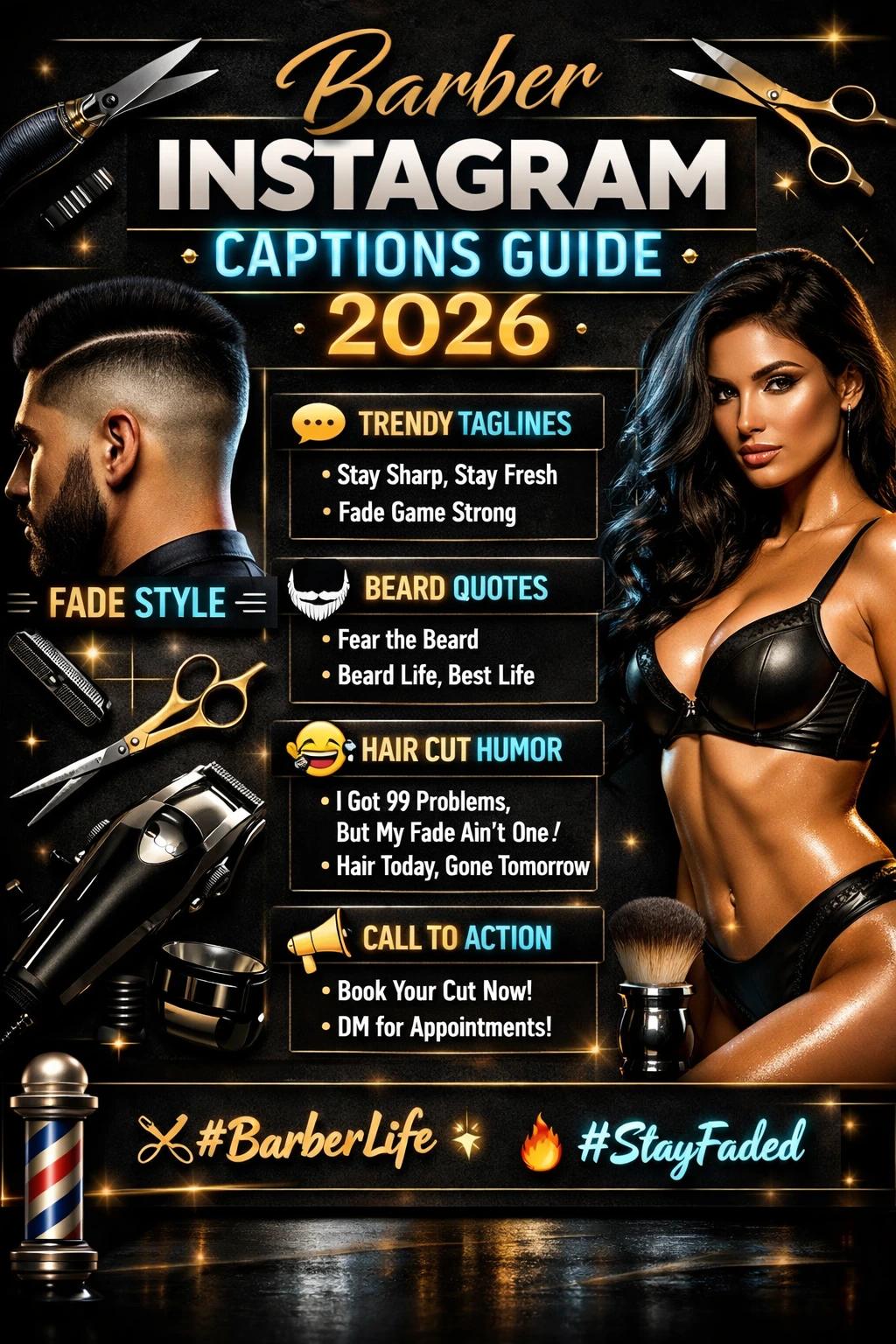 Barber Instagram captions infographic showing caption formula, hashtag strategy, and examples to boost engagement and attract clients in 2026.