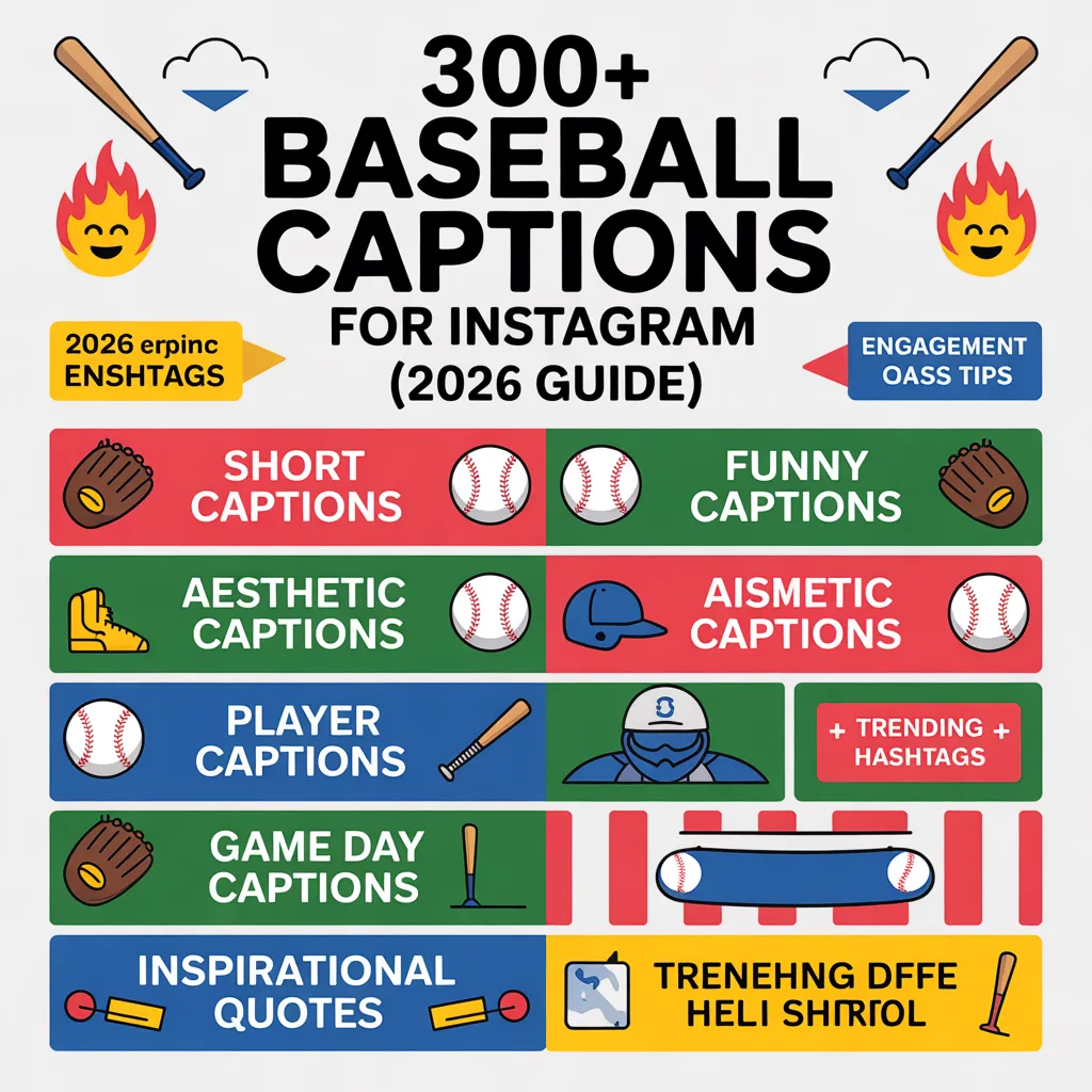 “Infographic showing 300+ Instagram baseball captions for 2026, including short, funny, aesthetic, player, game day, and inspirational captions, with baseball-themed icons and tips for higher engagement.”