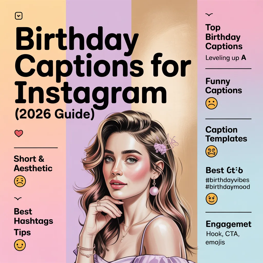 Birthday Captions Instagram infographic showing funny, short, aesthetic caption ideas, hashtag strategies, templates, and engagement tips for 2026
