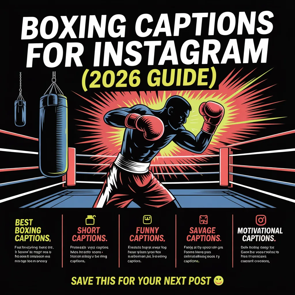 Boxing Captions For Instagram infographic featuring funny, short, savage, and motivational caption ideas for social media engagement