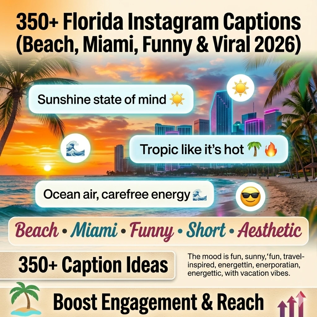 Florida Instagram captions infographic featuring 350+ beach, Miami, funny, short, and aesthetic caption ideas for travel, reels, and social media growth in 2026.