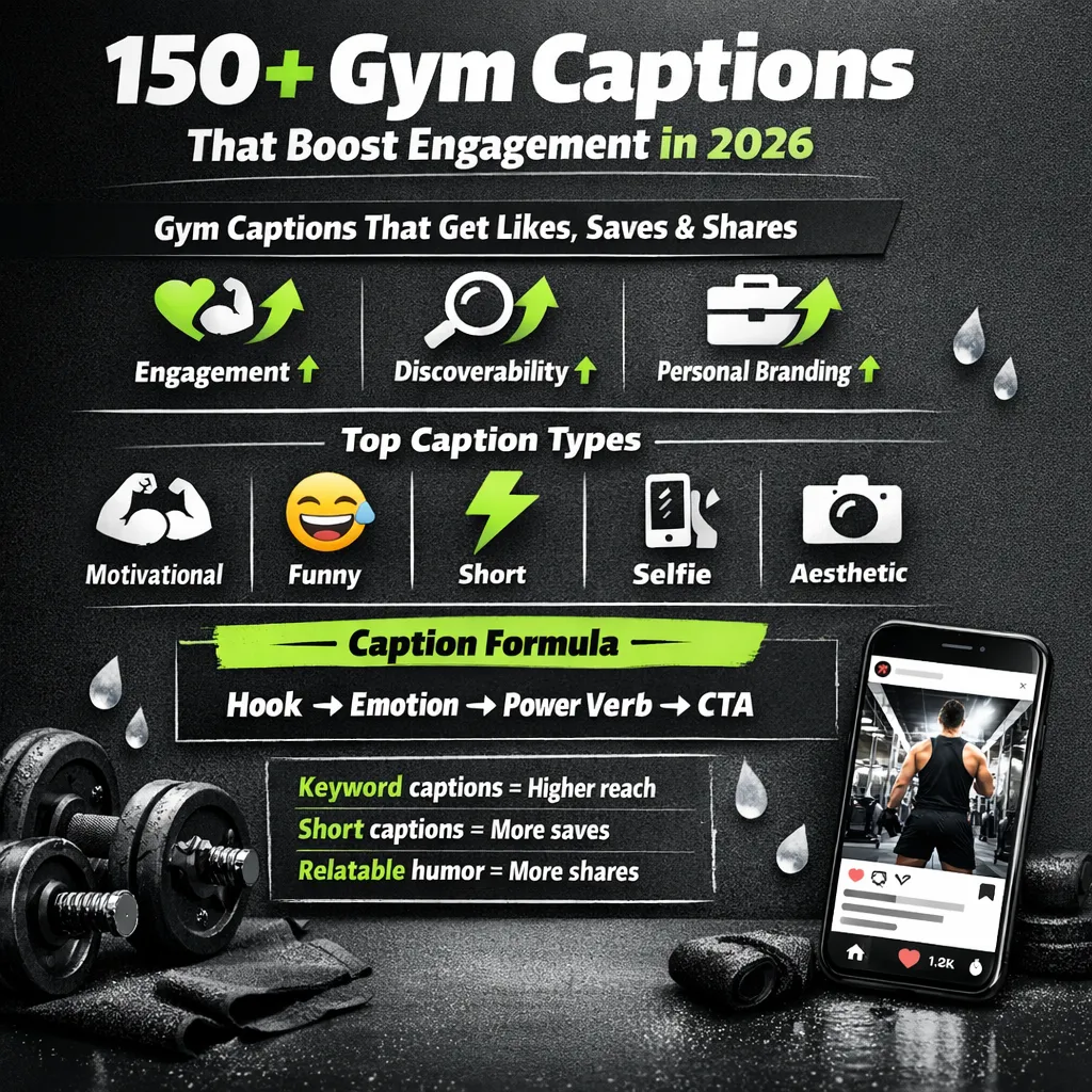 Infographic showing 150+ gym captions for Instagram, TikTok and Facebook with motivational, funny and short workout caption categories plus engagement tips and caption formula for higher reach.