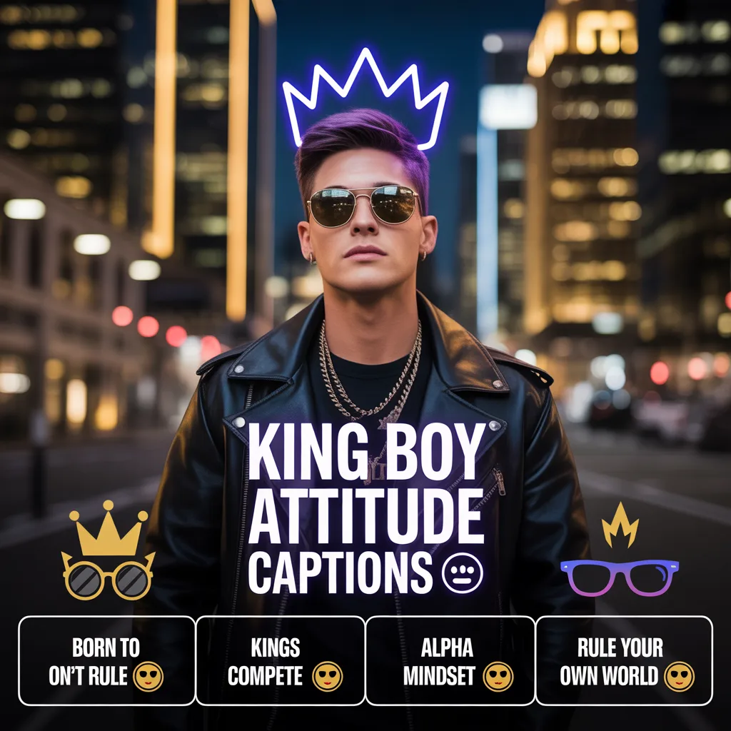 King boy attitude captions infographic featuring stylish man with neon crown and bold Instagram captions like born to rule, alpha mindset, and royal vibes