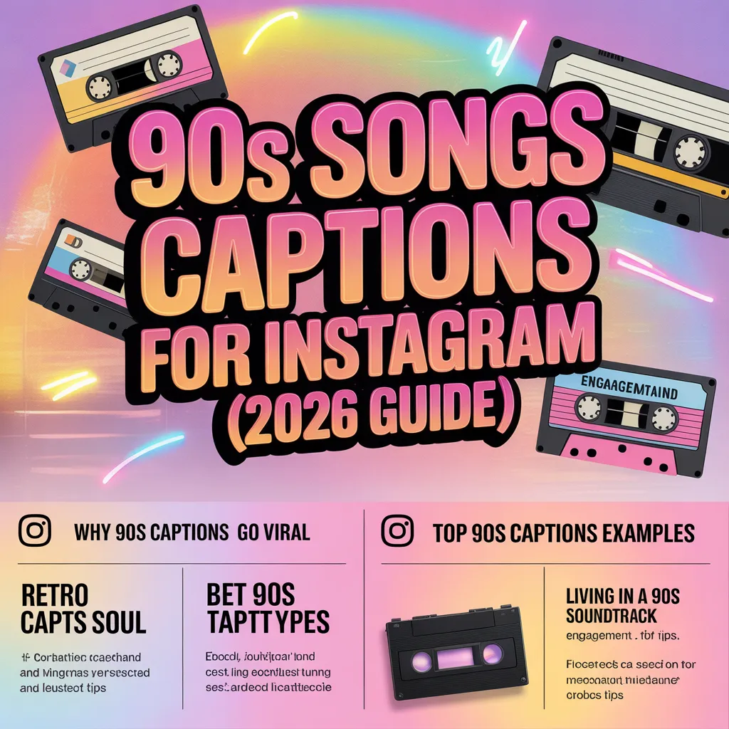 90s Songs Captions for Instagram infographic showing nostalgic, aesthetic, emotional, funny, and viral caption ideas for boosting engagement in 2026.