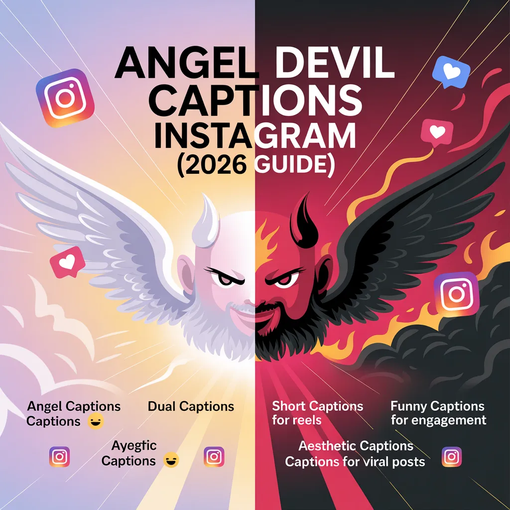 Angel Devil Captions Instagram infographic showing dual personality captions including aesthetic, savage, funny, short, and viral Instagram caption ideas for 2026 engagement growth.