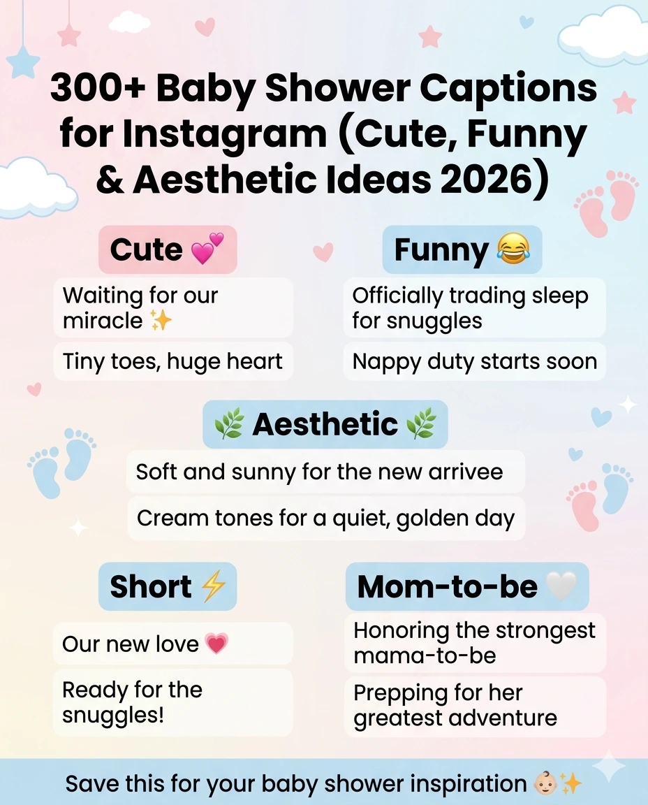 Baby Shower Captions Instagram infographic showing 300+ cute, funny, aesthetic and short caption ideas for 2026 baby shower posts