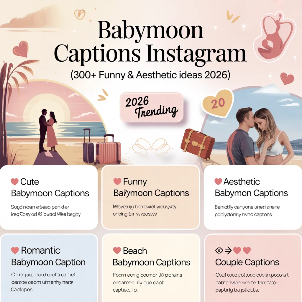 Babymoon Captions Instagram infographic featuring 300+ cute, funny, romantic, and aesthetic caption ideas for couples and pregnancy travel memories in 2026.