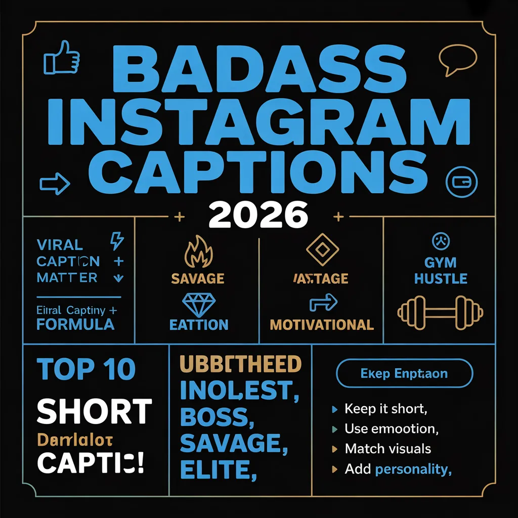 Badass Instagram captions infographic showing 2026 trends, caption types, viral formula, and engagement tips for boosting likes and reach