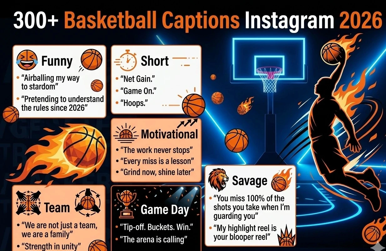 Basketball Captions Instagram infographic showing 300+ viral, funny, savage, and short caption ideas for Instagram growth in 2026