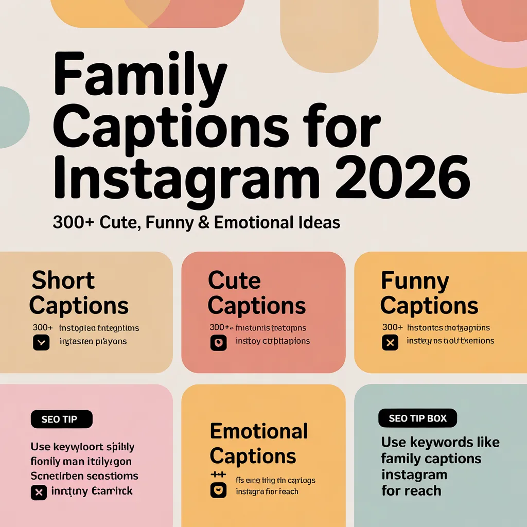 Infographic showing 300+ family captions for Instagram including cute, funny, emotional, and short caption ideas for 2026 engagement.