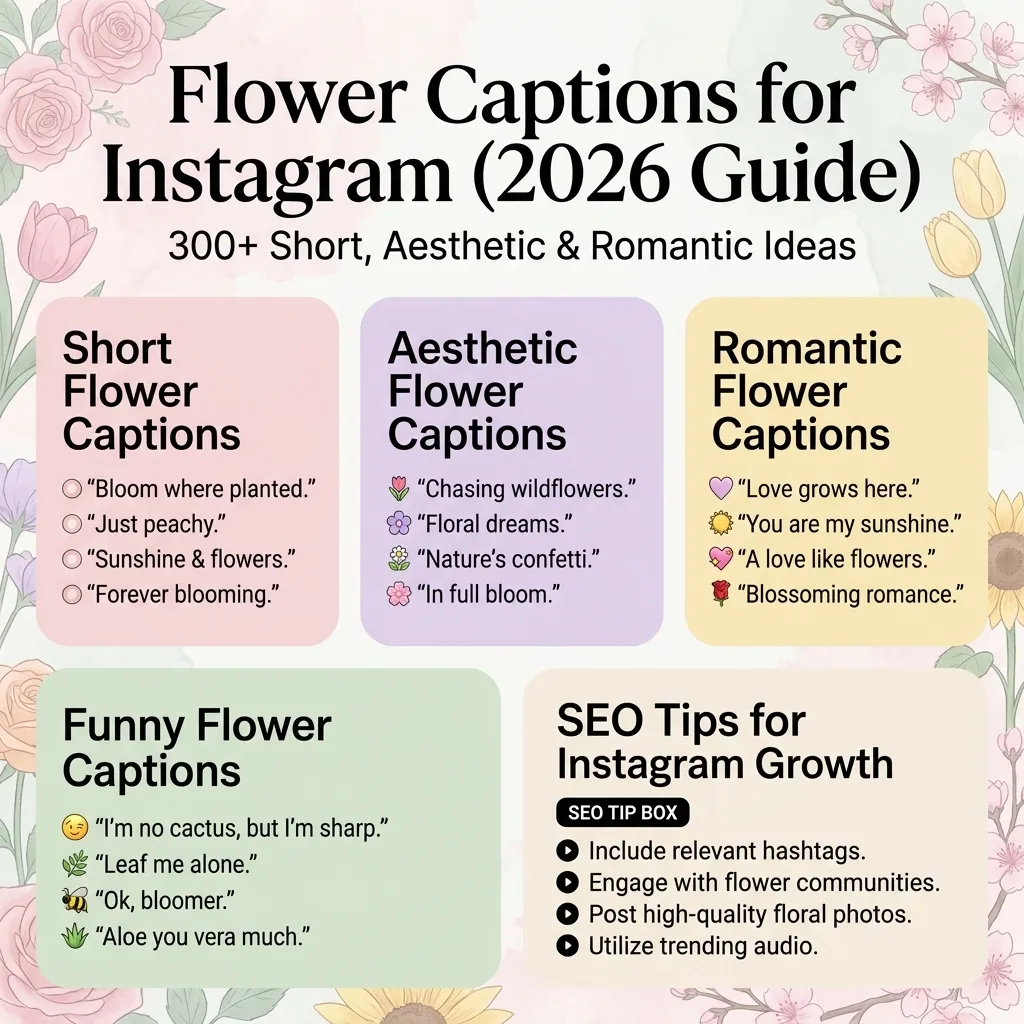 Flower Captions for Instagram infographic showing 300+ aesthetic, romantic, funny, and short caption ideas with Instagram SEO tips for 2026 growth.
