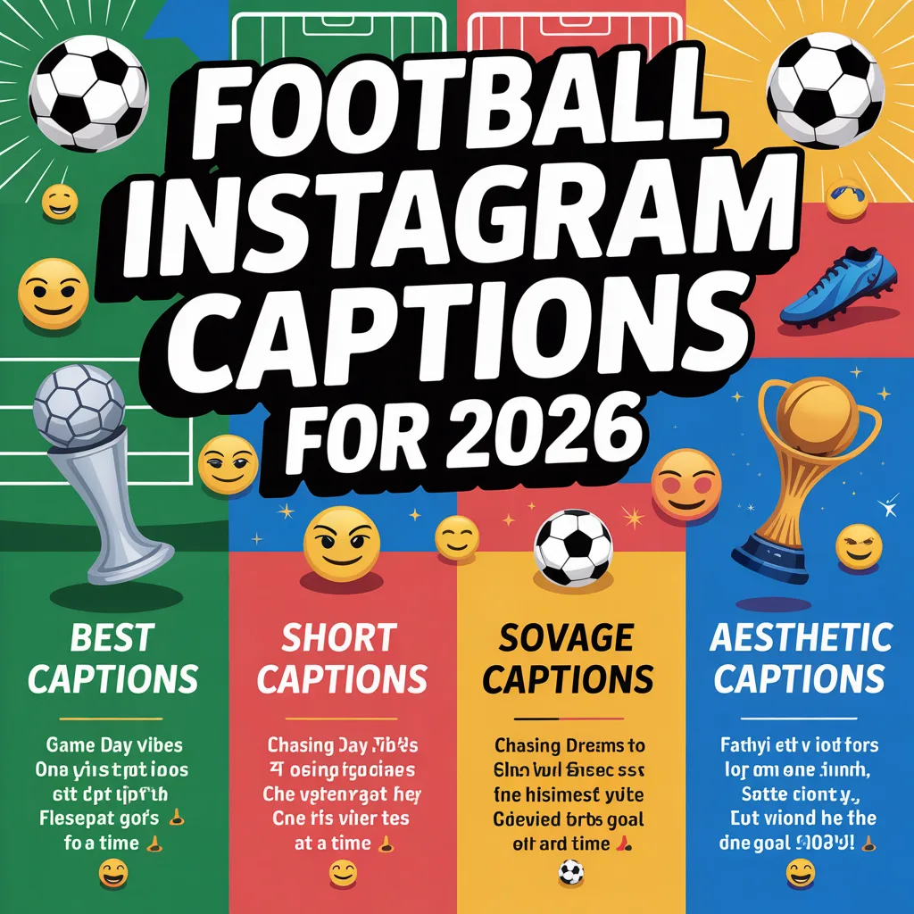 Infographic showing 300+ Football Instagram Captions for 2026, including best, short, funny, savage, and aesthetic captions with football-themed visuals.