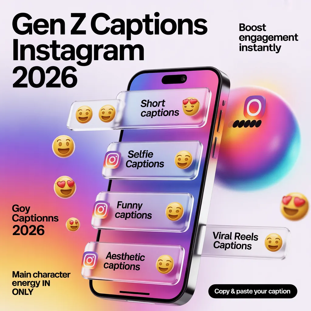 Gen Z Captions Instagram 2026 infographic showing viral, aesthetic, savage, funny and trending caption ideas to boost Instagram engagement, likes and reels performance.