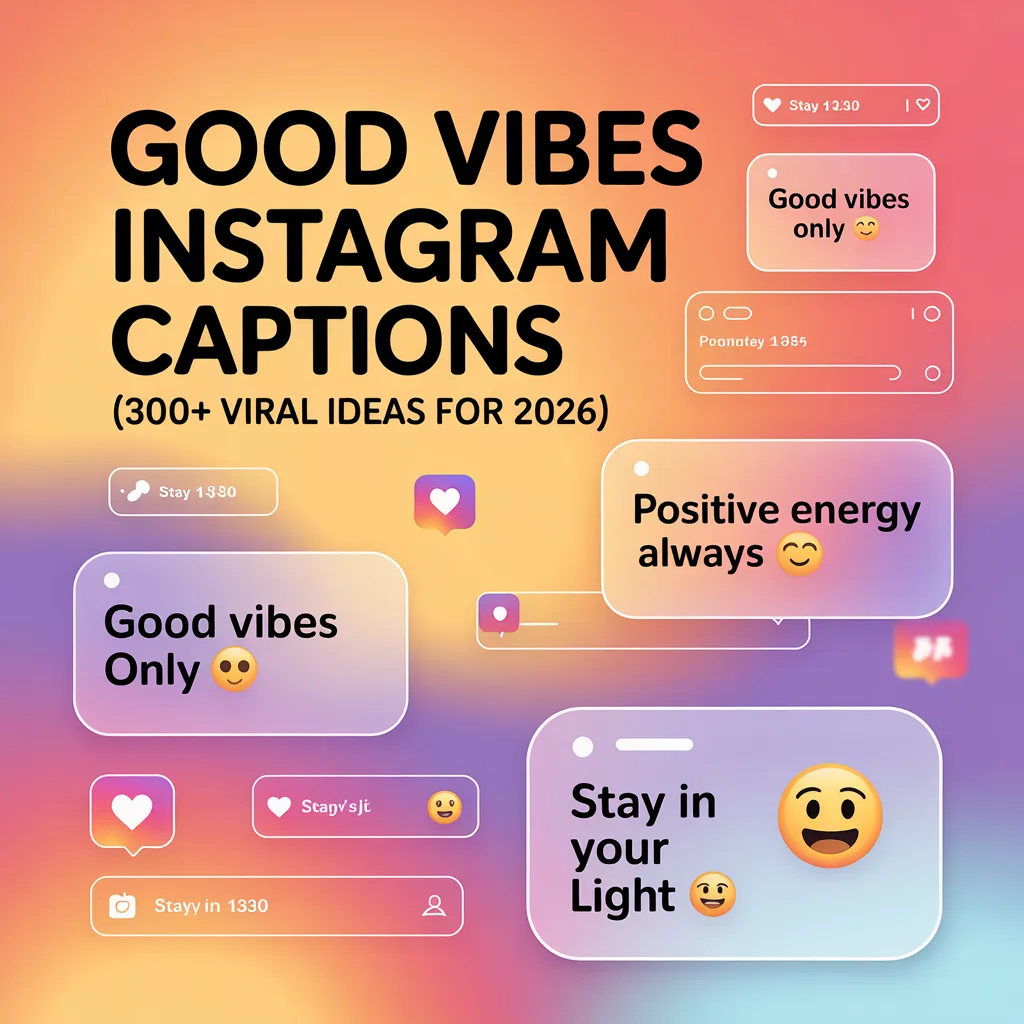 Good Vibes Instagram Captions infographic featuring 300+ viral, aesthetic, positive, and motivational caption ideas for Instagram growth in 2026.