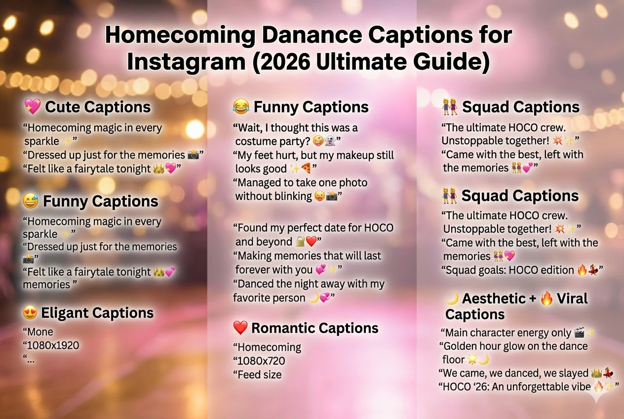 Homecoming Dance Captions for Instagram 2026 infographic featuring cute, funny, romantic, aesthetic, and viral HOCO caption ideas for Instagram posts and reels.