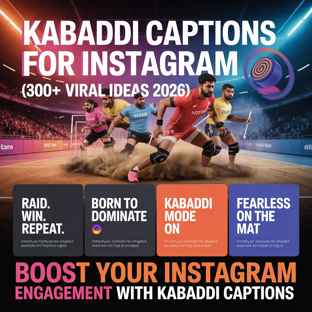 Kabaddi Captions For Instagram infographic featuring 300+ viral, attitude, funny, short and desi captions for reels and engagement growth in 2026