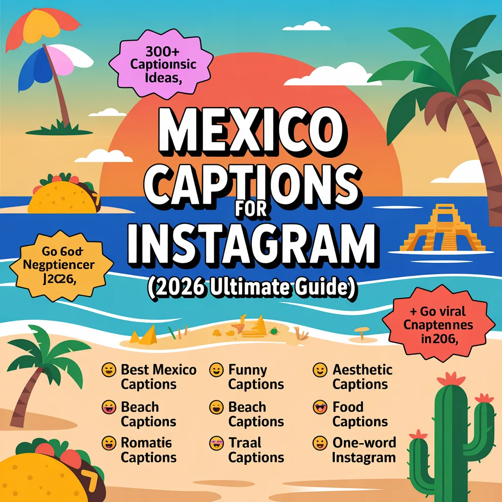 Mexico captions for Instagram infographic showing 300+ viral, cute, funny, aesthetic, beach, Tulum and Cancun caption ideas for 2026 social media engagement