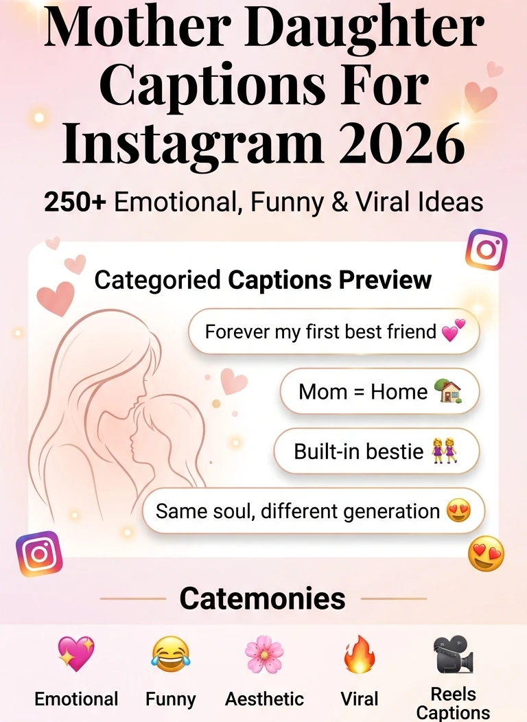 Mother Daughter Captions For Instagram infographic featuring 250+ emotional, funny, aesthetic and viral caption ideas for reels, posts and Mother’s Day 2026.