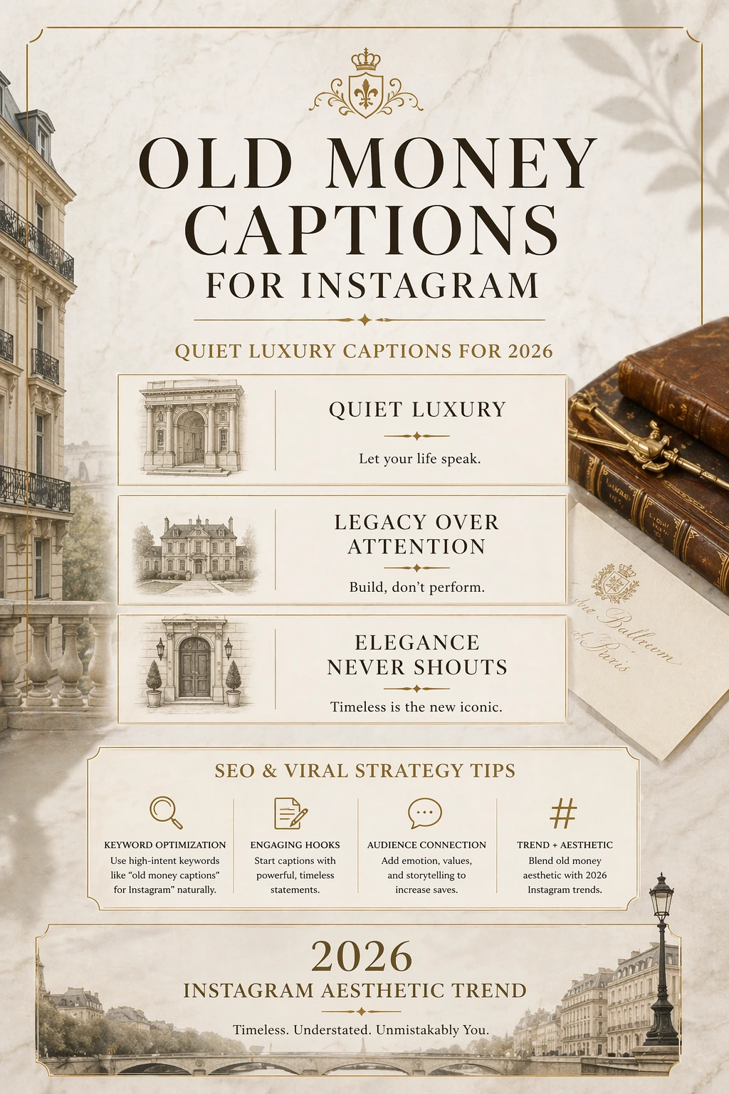 Old money captions for Instagram 2026 infographic showing classy, aesthetic, luxury caption ideas, SEO strategy, and viral Instagram content tips.