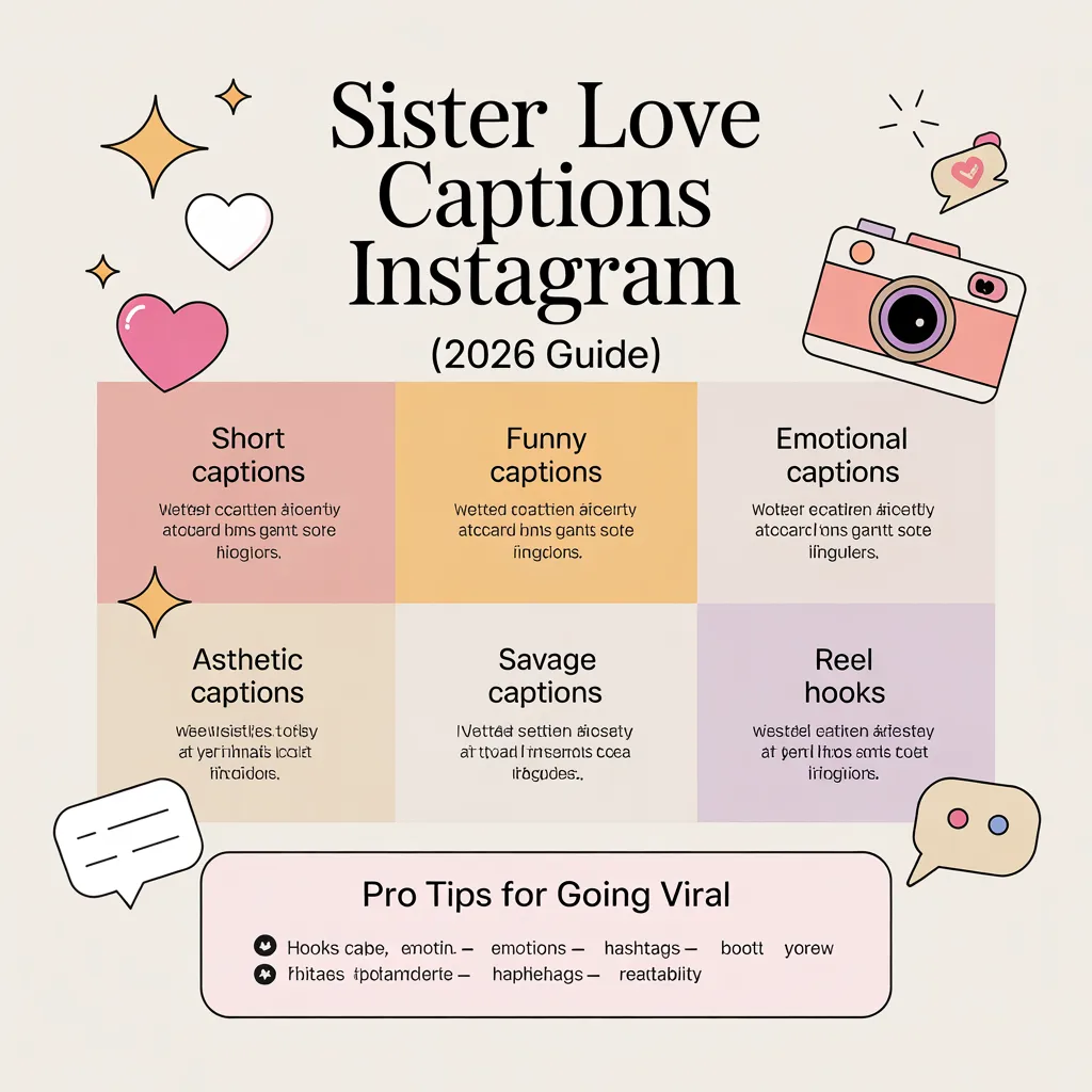 Sister Love Captions Instagram infographic showing cute, funny, emotional, aesthetic, and viral caption ideas for 2026 engagement growth