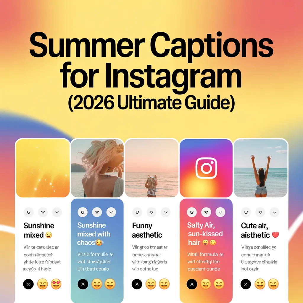 Summer captions for Instagram infographic showing 300+ cute, funny, aesthetic and viral caption ideas with engagement tips and viral growth strategy for 2026.