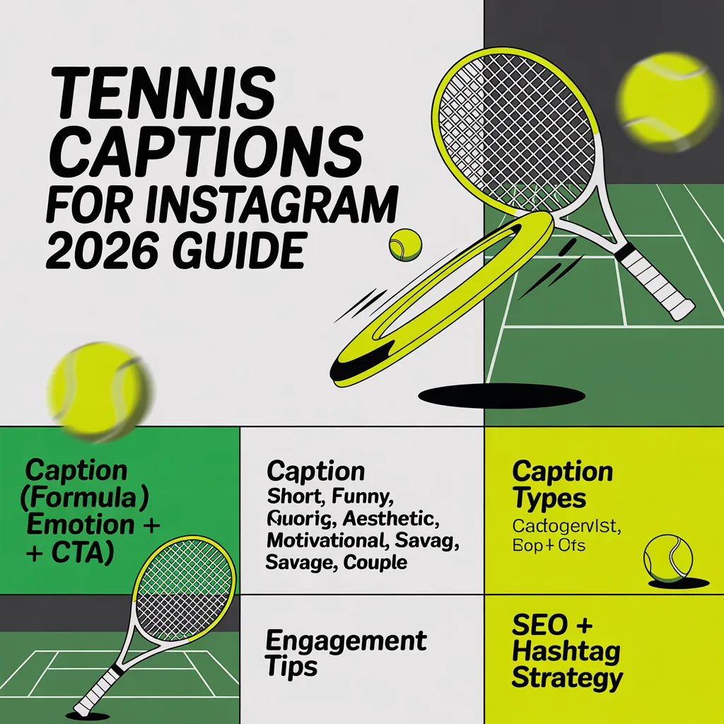 Tennis Captions For Instagram infographic showing caption formula, viral strategies, caption types, and engagement tips for 2026 growth