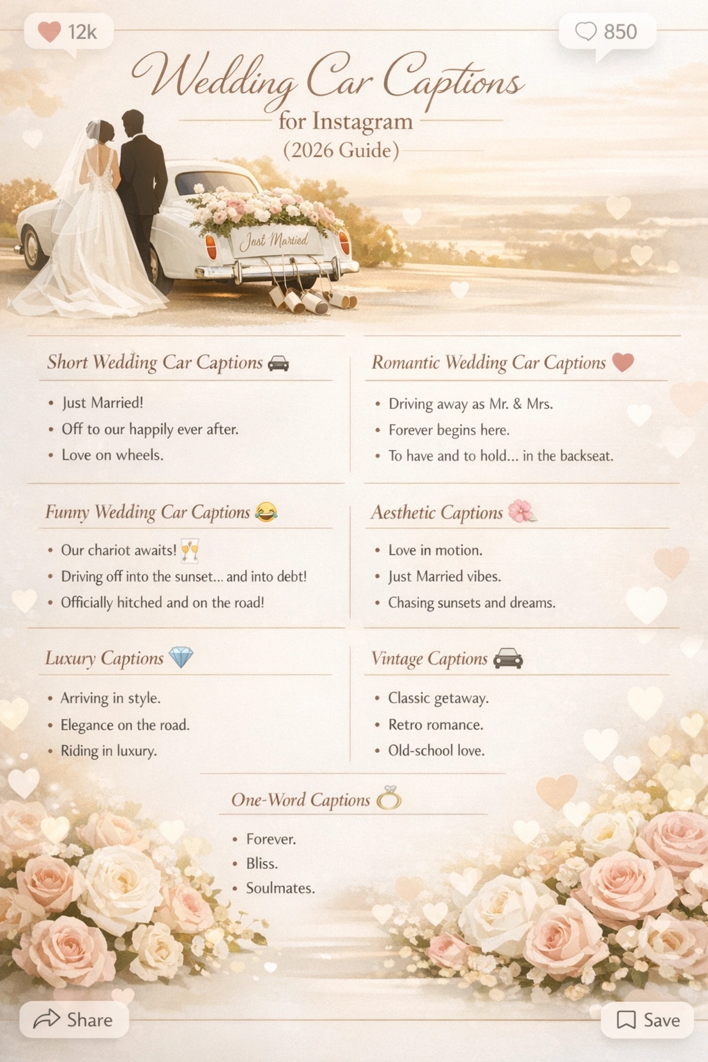 Wedding car captions for Instagram infographic featuring romantic, funny, aesthetic, and luxury caption ideas for 2026 wedding posts.