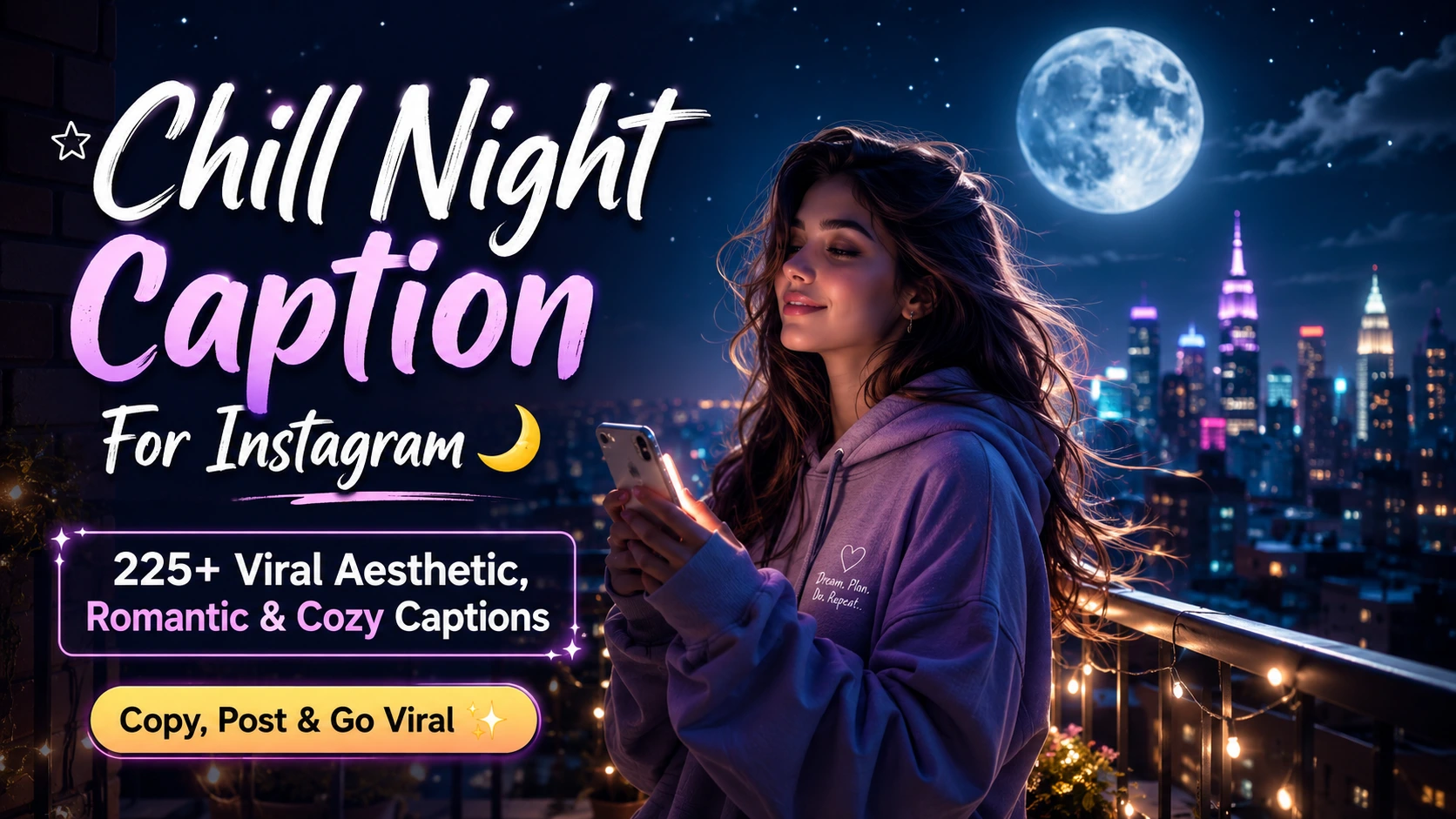 Aesthetic chill night Instagram feature image with a stylish young woman on a rooftop under moonlight and neon city lights.