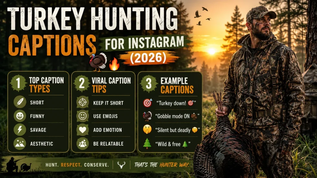 Turkey Hunting Captions For Instagram infographic showing viral caption ideas, hunting tips, and categories like funny, short, and savage captions