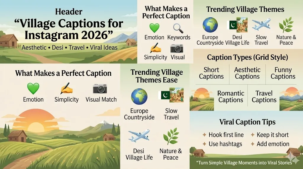 Village captions for Instagram infographic showing aesthetic, desi, travel, and viral caption ideas with tips for increasing engagement and SEO in 2026