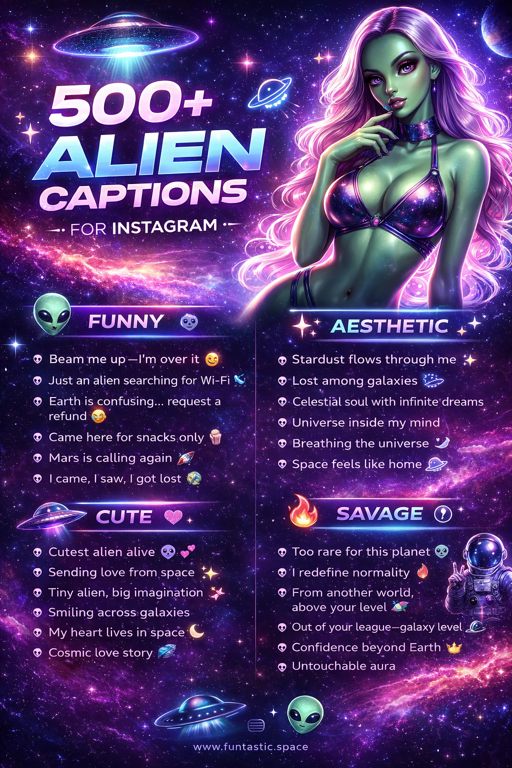 Infographic showing 500+ alien captions for Instagram including funny, aesthetic, cute, savage, and short caption ideas with a cosmic space theme.