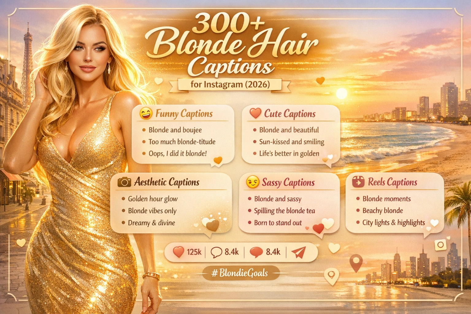 Blonde hair captions Instagram infographic showing 300+ cute, funny, aesthetic and short caption ideas for boosting engagement in 2026