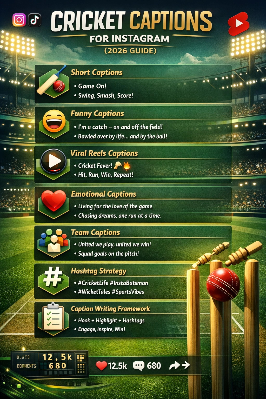 Cricket captions for Instagram infographic showing short, funny, viral, aesthetic, and emotional caption ideas with hashtag strategy and engagement tips for 2026