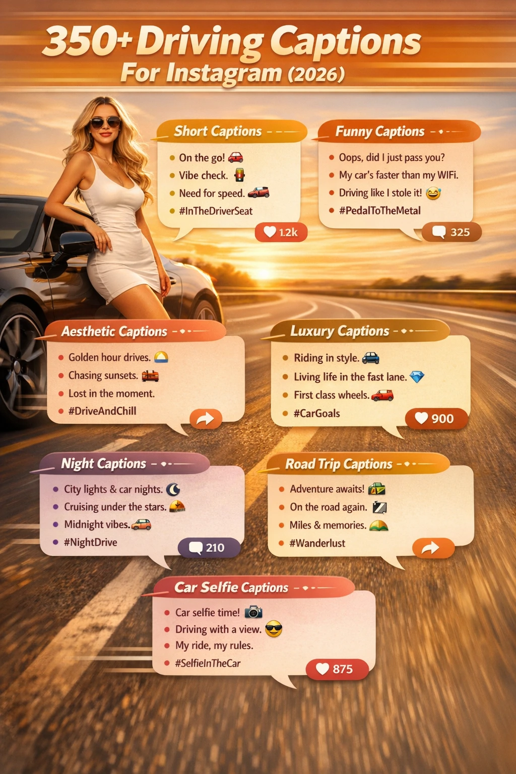 Infographic showing 350+ Instagram driving captions for 2026, including Short, Funny, Aesthetic, Luxury, Night, Road Trip, and Car Selfie captions, with icons and vibrant open-road design.