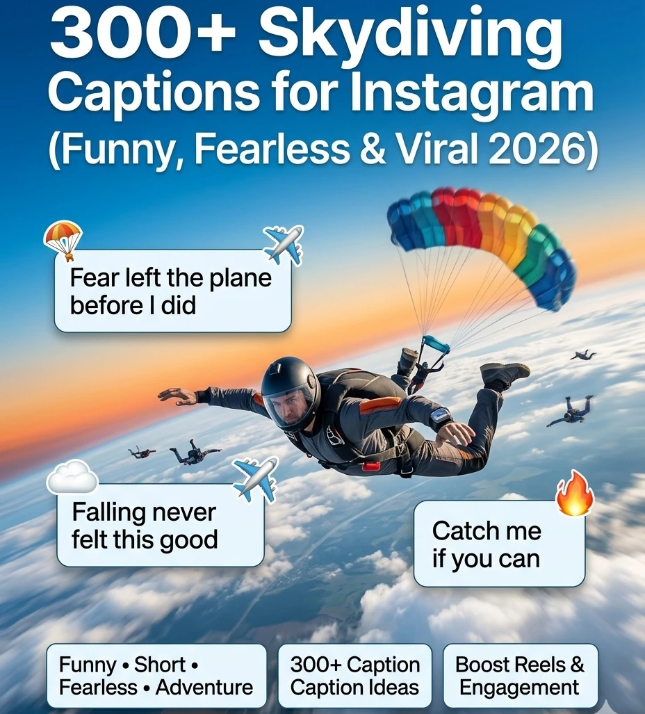 Skydiving captions for Instagram infographic showing a skydiver in freefall above clouds with 300+ funny, fearless, and adventure caption ideas for social media.