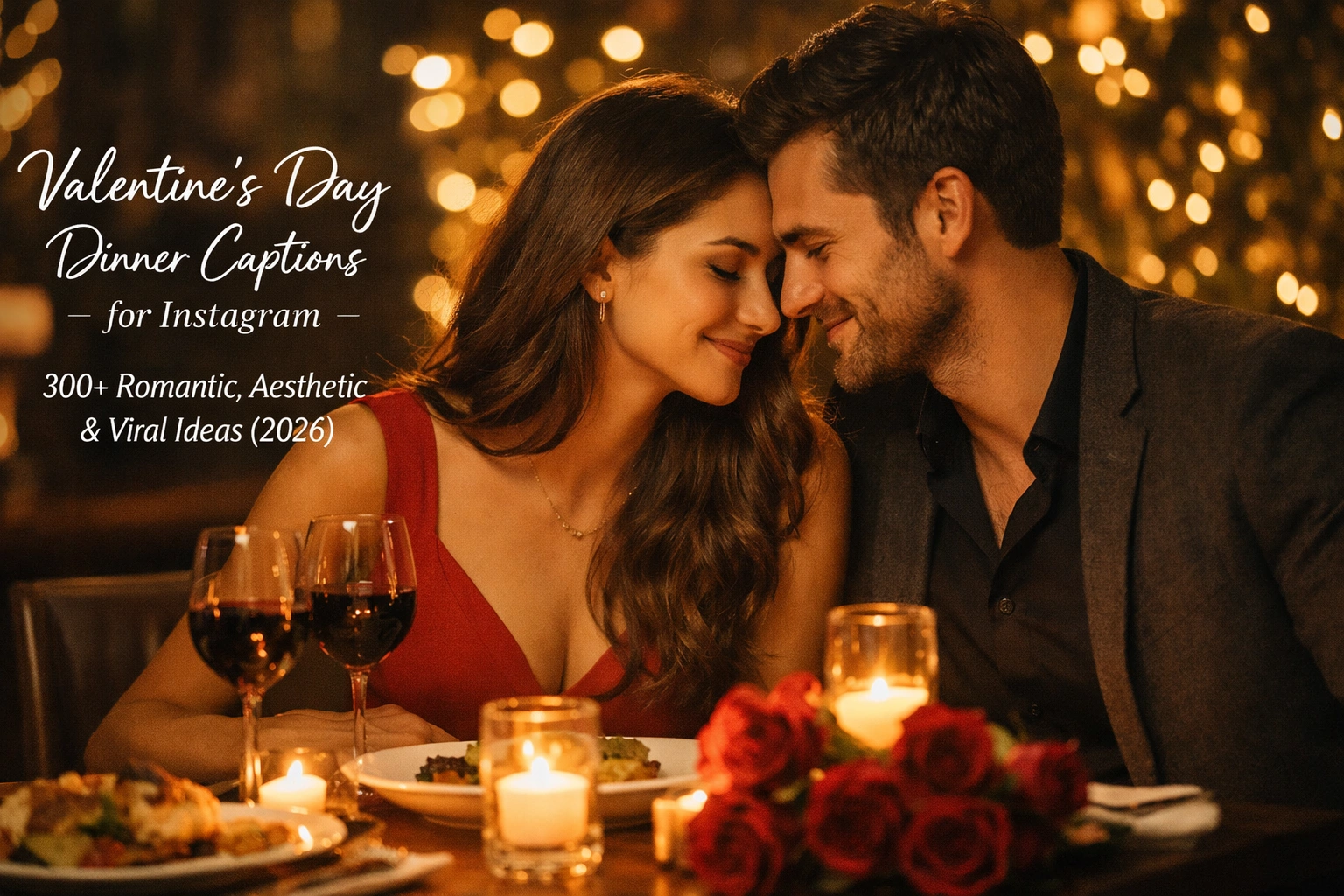 Romantic couple enjoying a candlelight Valentine’s Day dinner with wine and elegant table setup, representing Instagram dinner caption ideas