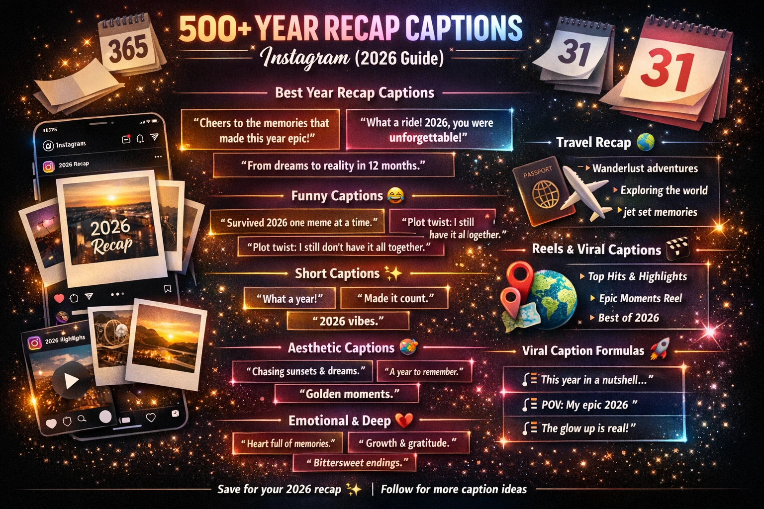 Infographic showing 500+ year recap captions for Instagram 2026 including funny, short, aesthetic, emotional and travel captions with modern neon design