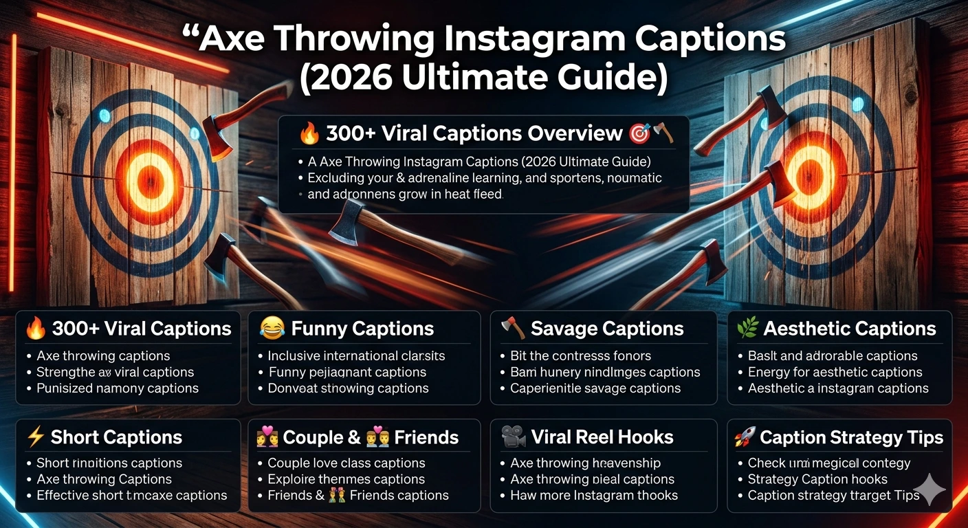 Axe Throwing Instagram Captions 2026 guide infographic showing 300+ viral, funny, savage, and aesthetic caption ideas to boost engagement and reach.