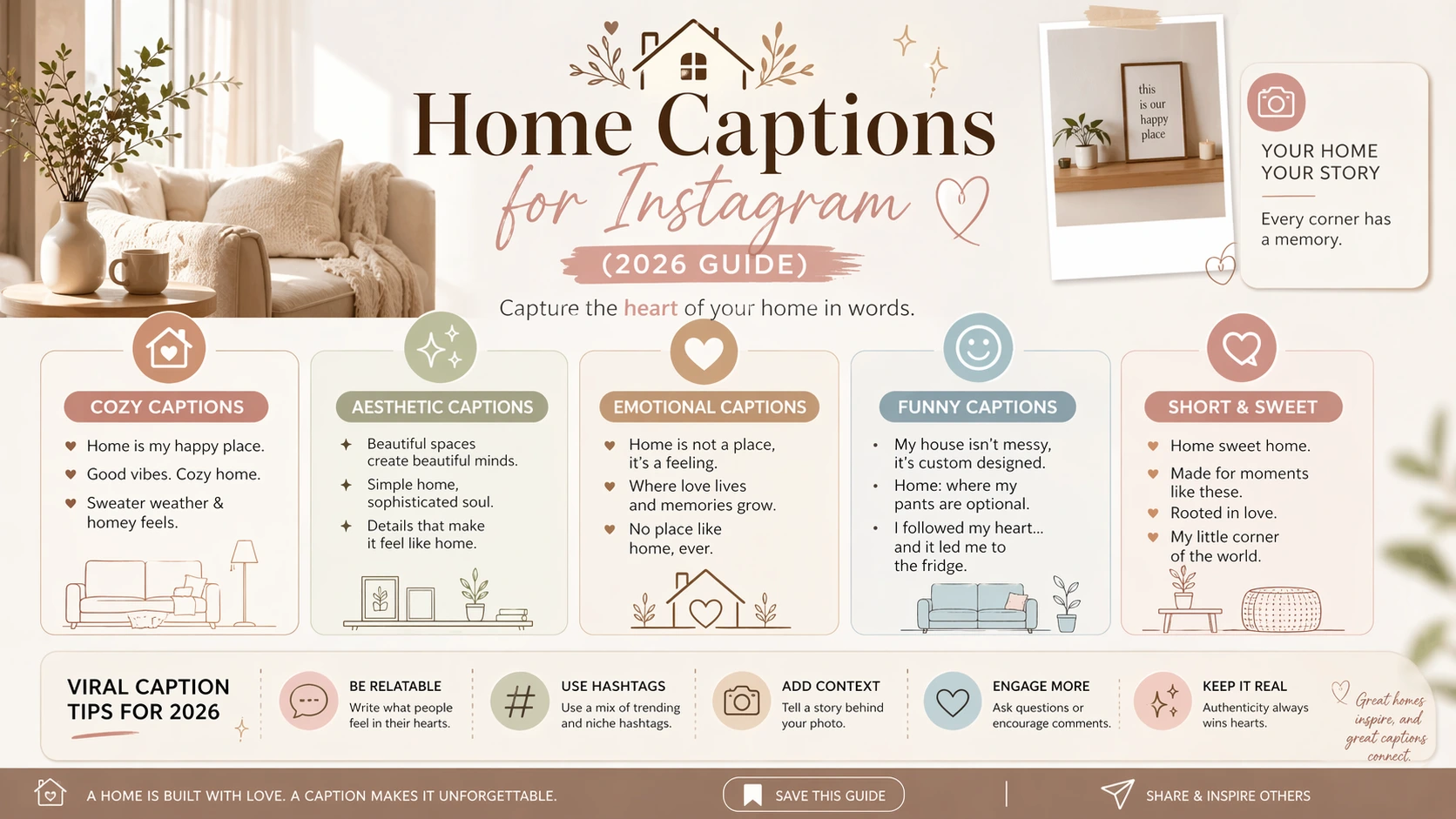 Infographic showing home captions for Instagram including cozy, aesthetic, emotional, and viral ideas with 2026 SEO tips and examples.