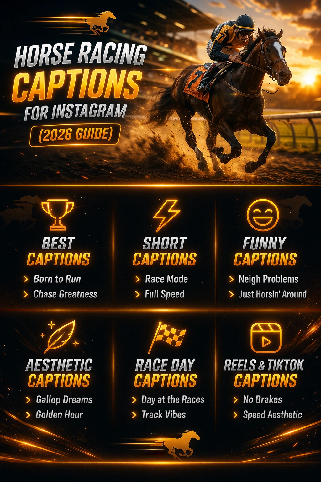 Horse racing captions infographic featuring best, short, funny, aesthetic, race day and reels captions for Instagram with a galloping horse on a racetrack at sunset