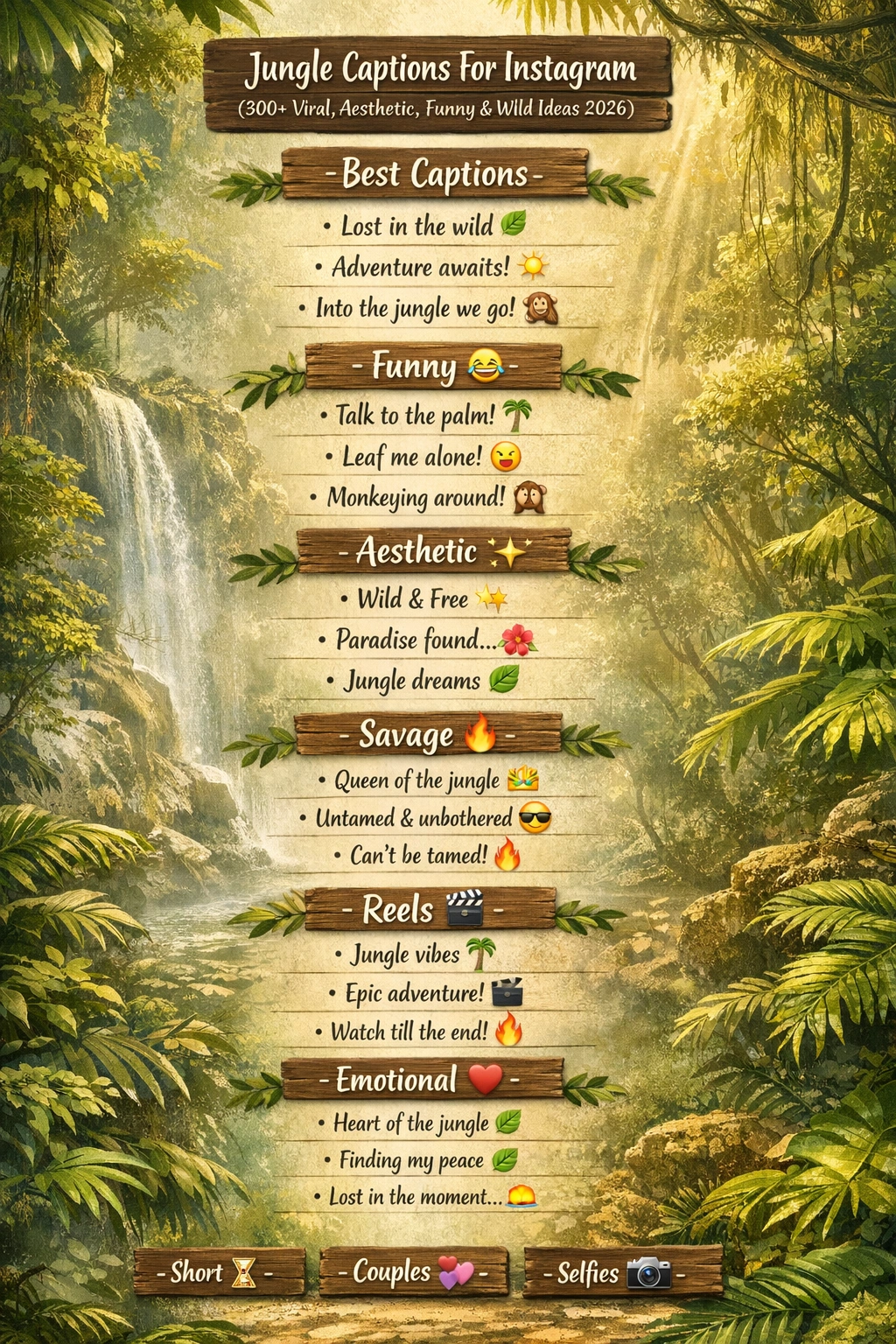 “Infographic featuring 300+ Jungle Captions For Instagram, including funny, aesthetic, reels, savage, and emotional captions for 2026.”