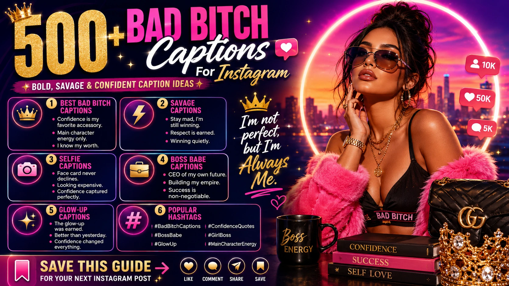 Bad Bitch Captions For Instagram infographic featuring confident quotes, savage captions, boss babe sayings, glow-up captions, and popular Instagram hashtags.