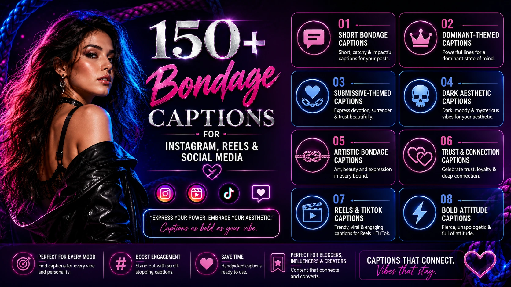 Bondage captions infographic featuring dark aesthetic social media caption ideas, trust-themed quotes, bold attitude captions, and Instagram reel caption inspiration.