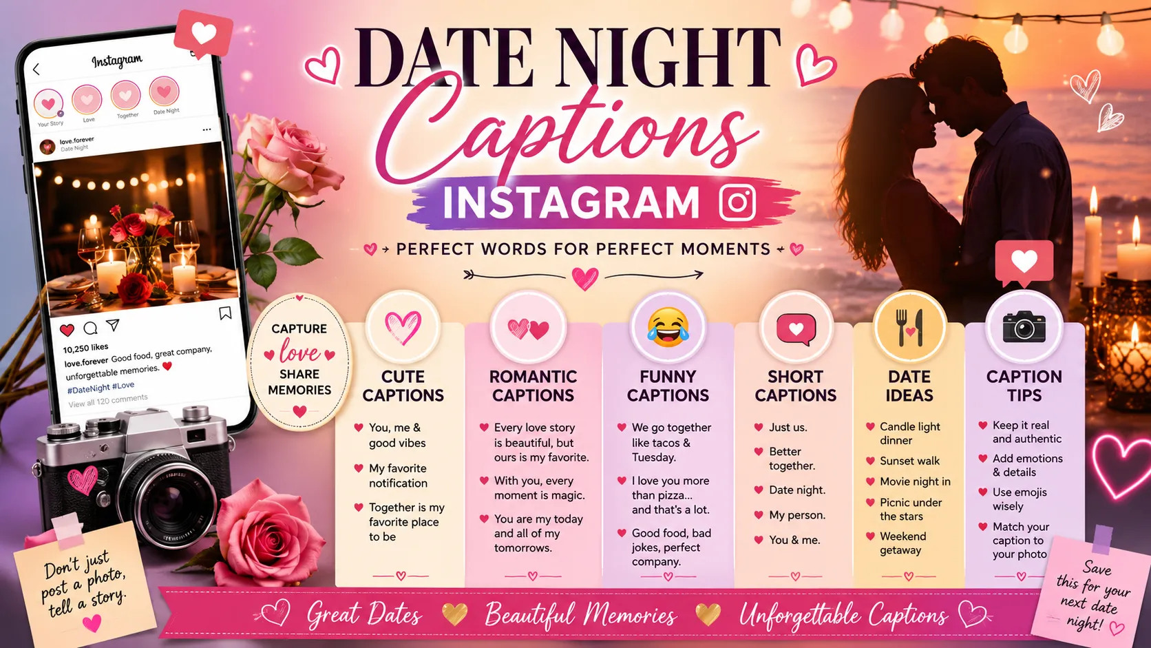 Date Night Captions Instagram infographic featuring cute, romantic, funny, and aesthetic couple captions for Instagram posts
