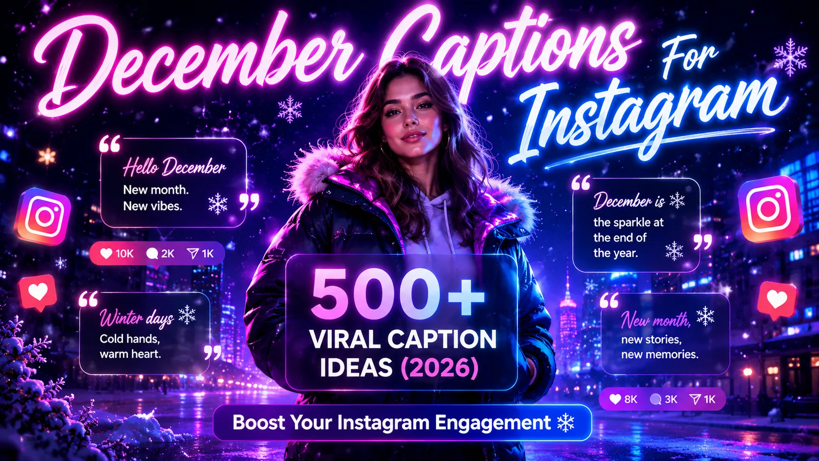 Center-focused December Captions For Instagram infographic featuring neon winter aesthetic girl with futuristic purple and blue background design for viral Instagram engagement.