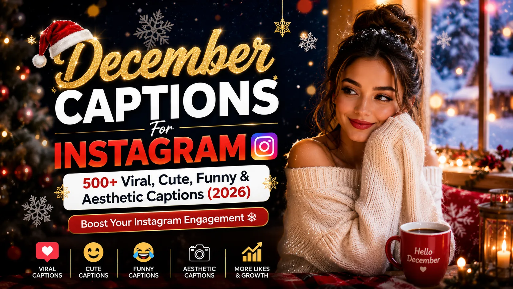December Captions For Instagram 2026 infographic featuring cute winter aesthetic girl, festive Christmas background, and viral caption ideas for Instagram growth.